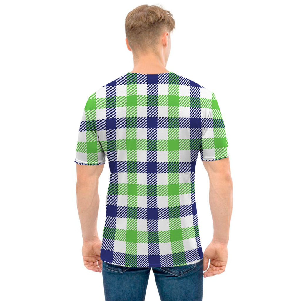 White Navy And Green Plaid Print Men's T-Shirt