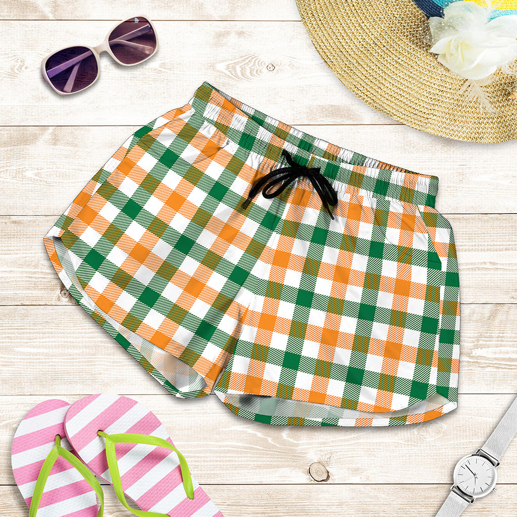White Orange And Green Plaid Print Women's Shorts