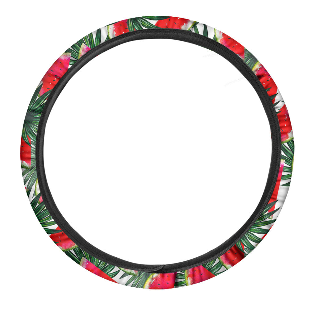 White Palm Leaf Watermelon Pattern Print Car Steering Wheel Cover