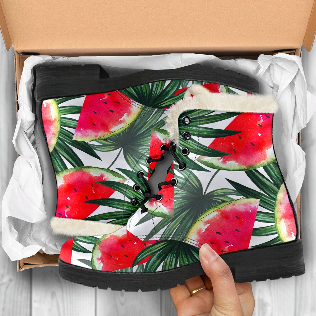 White Palm Leaf Watermelon Pattern Print Comfy Boots GearFrost