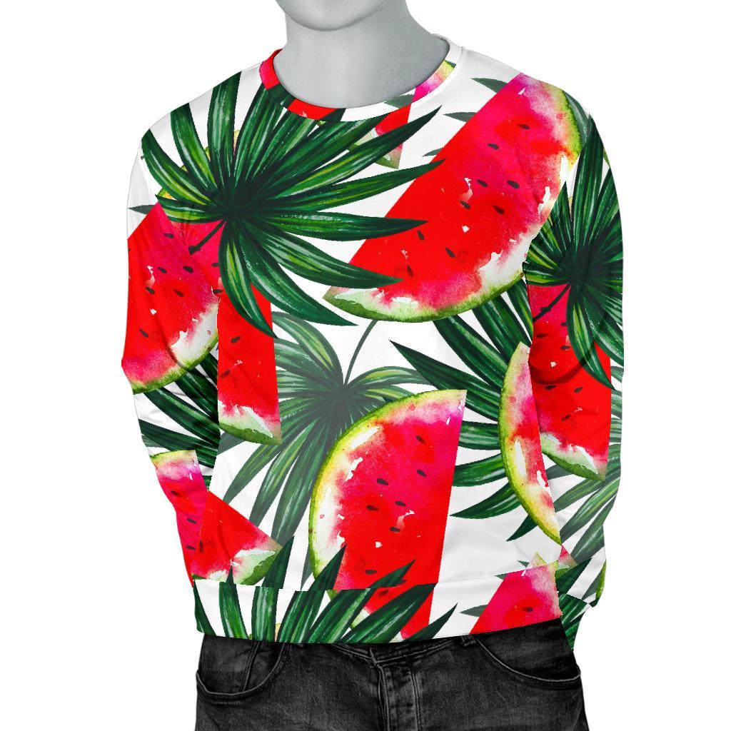 White Palm Leaf Watermelon Pattern Print Men's Crewneck Sweatshirt GearFrost