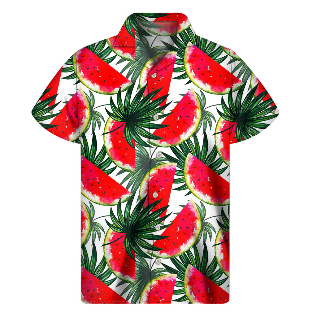 White Palm Leaf Watermelon Pattern Print Men's Short Sleeve Shirt