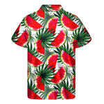 White Palm Leaf Watermelon Pattern Print Men's Short Sleeve Shirt