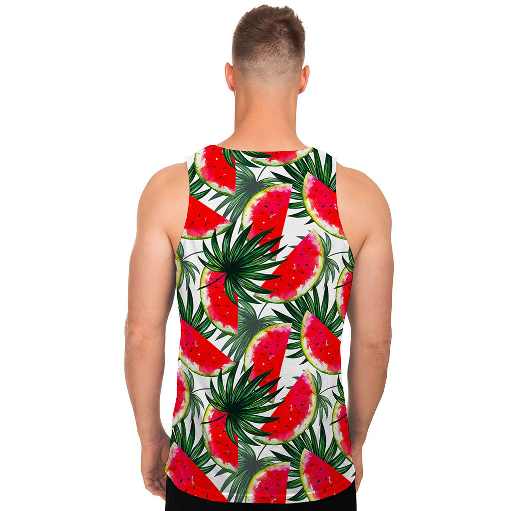 White Palm Leaf Watermelon Pattern Print Men's Tank Top