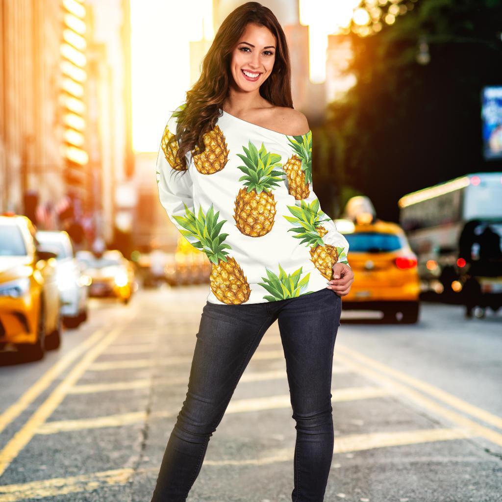 White Pineapple Pattern Print Off Shoulder Sweatshirt GearFrost