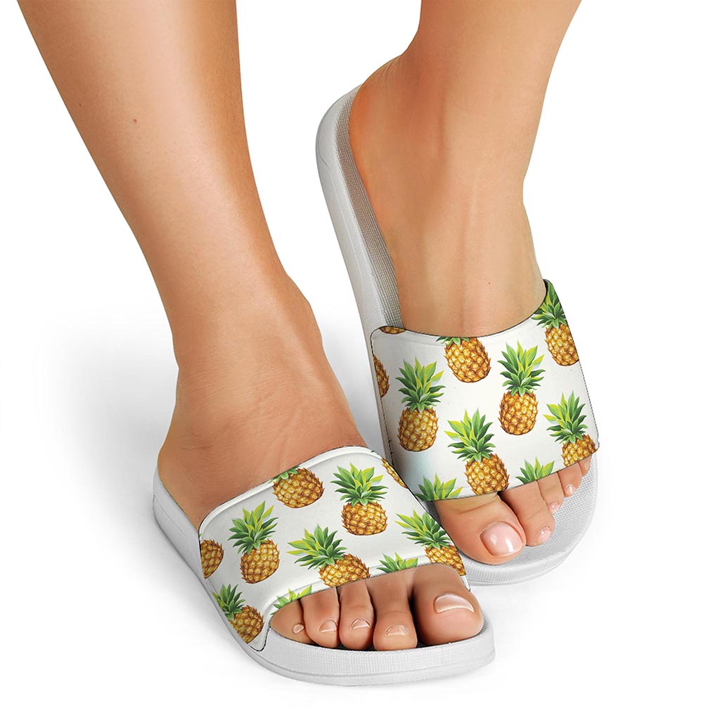 White Pineapple Pattern Print White Slide Sandals