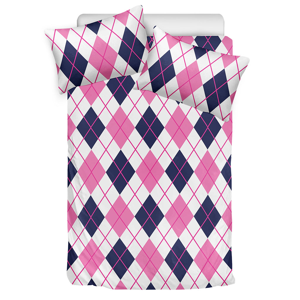 White Pink And Blue Argyle Pattern Print Duvet Cover Bedding Set