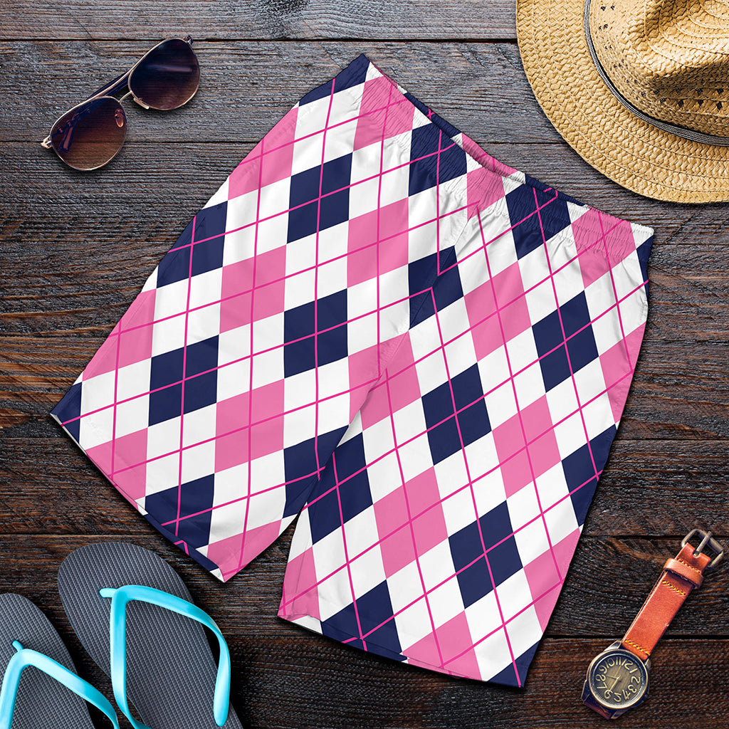 White Pink And Blue Argyle Pattern Print Men's Shorts