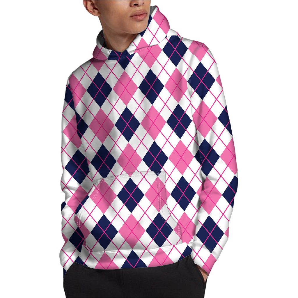 White Pink And Blue Argyle Pattern Print Pullover Hoodie