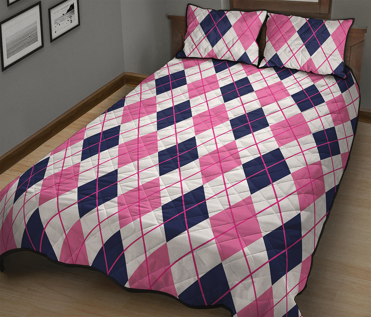 White Pink And Blue Argyle Pattern Print Quilt Bed Set