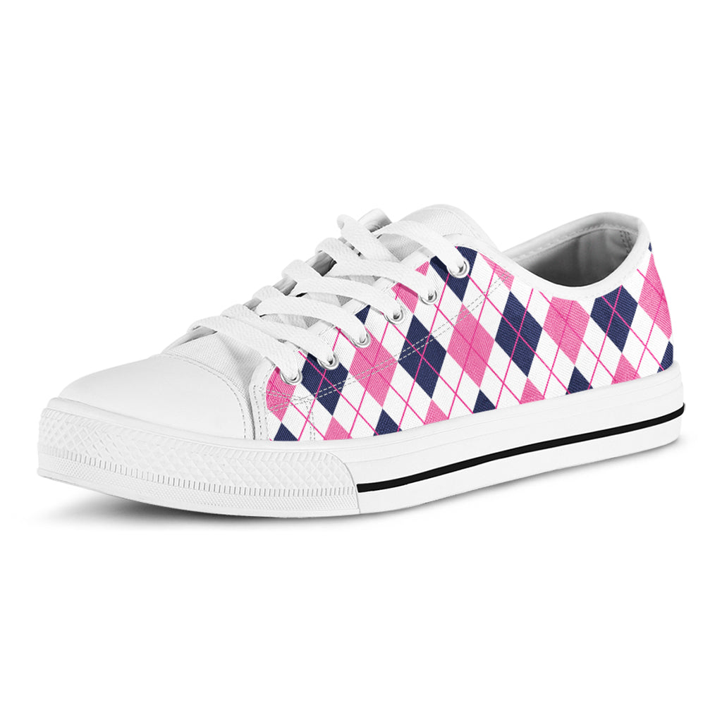 White Pink And Blue Argyle Pattern Print White Low Top Shoes