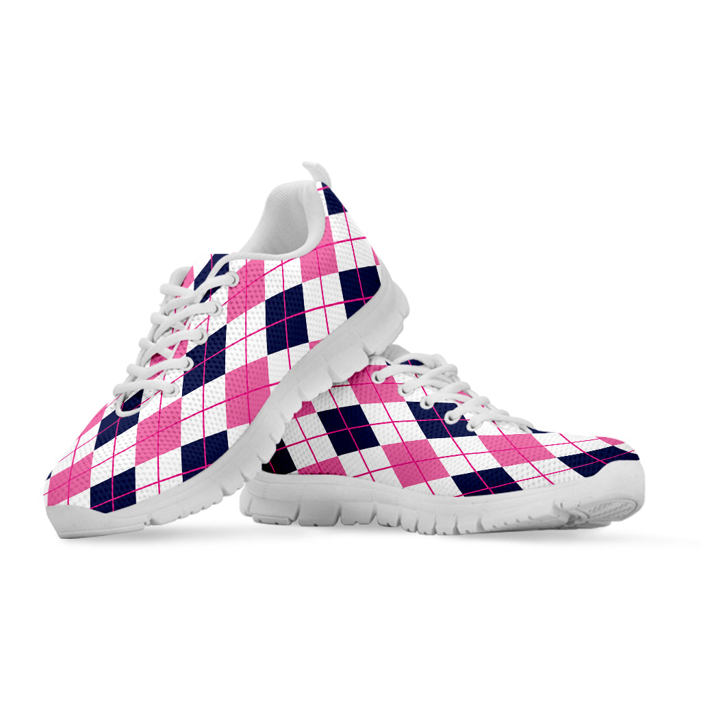 White Pink And Blue Argyle Pattern Print White Sneakers