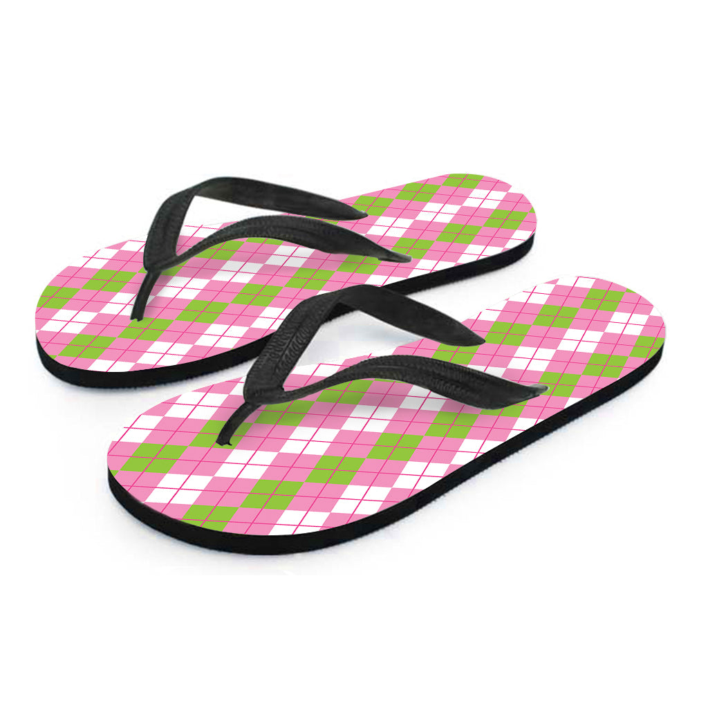White Pink And Green Argyle Print Flip Flops