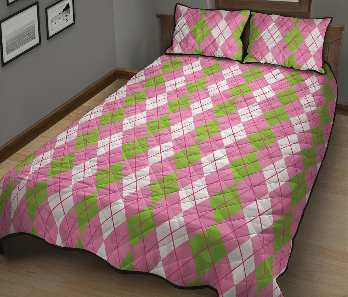 White Pink And Green Argyle Print Quilt Bed Set
