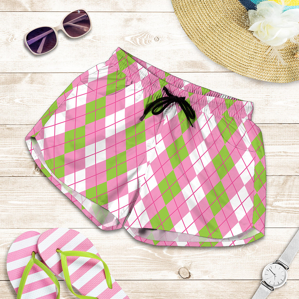 White Pink And Green Argyle Print Women's Shorts
