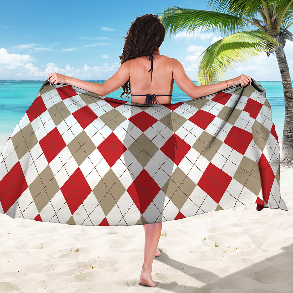 White Red And Beige Argyle Pattern Print Beach Sarong Wrap