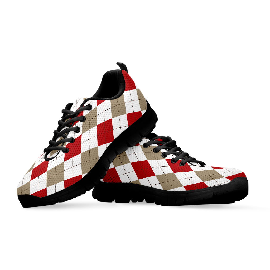 White Red And Beige Argyle Pattern Print Black Sneakers