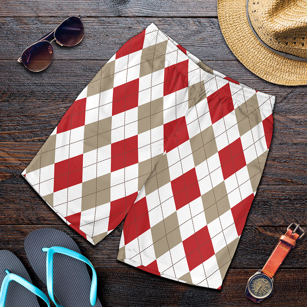 White Red And Beige Argyle Pattern Print Men's Shorts
