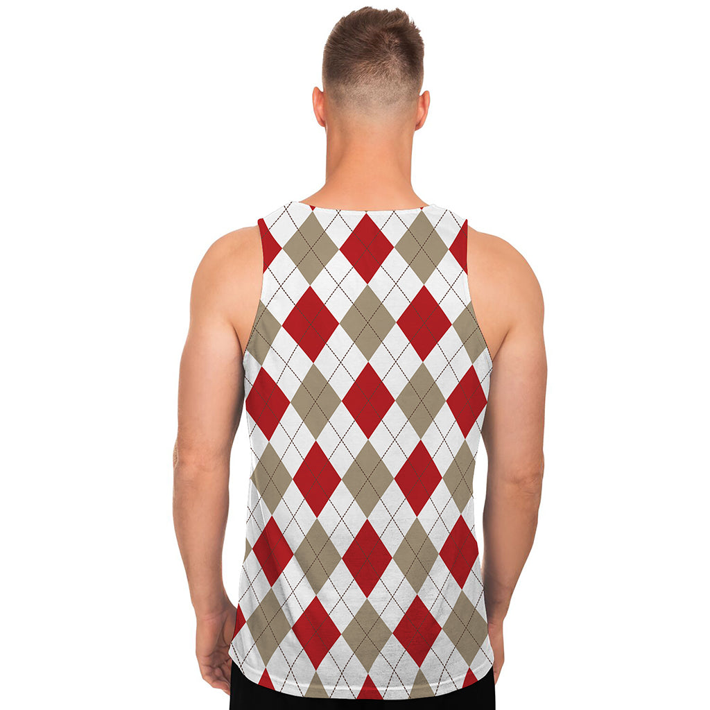 White Red And Beige Argyle Pattern Print Men's Tank Top