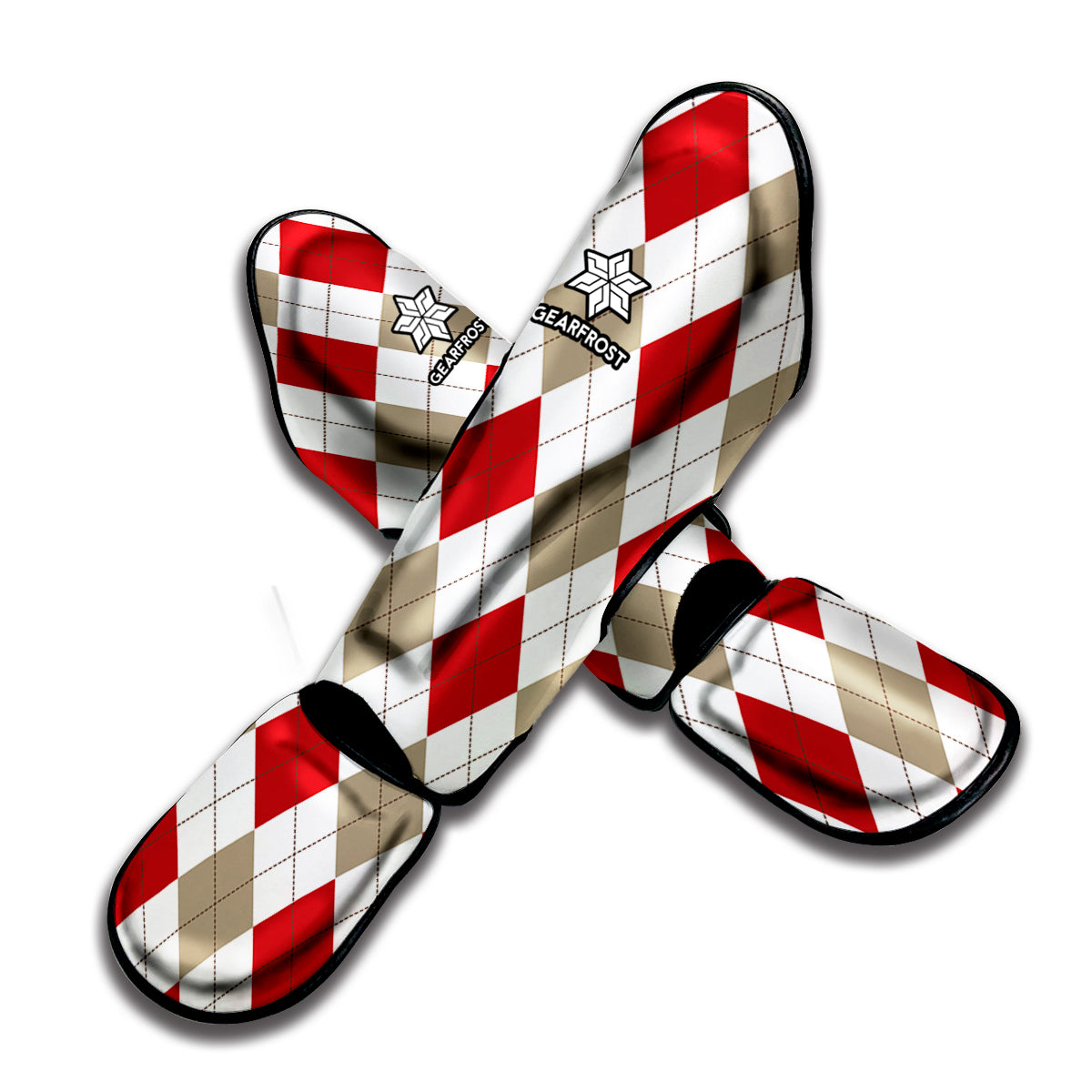 White Red And Beige Argyle Pattern Print Muay Thai Shin Guard