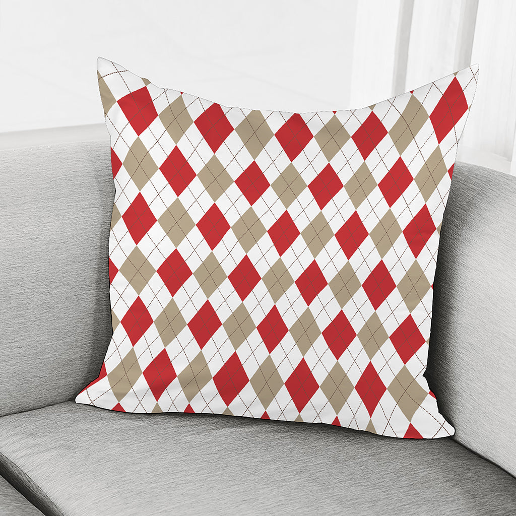 White Red And Beige Argyle Pattern Print Pillow Cover