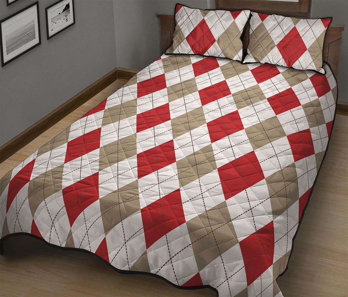 White Red And Beige Argyle Pattern Print Quilt Bed Set