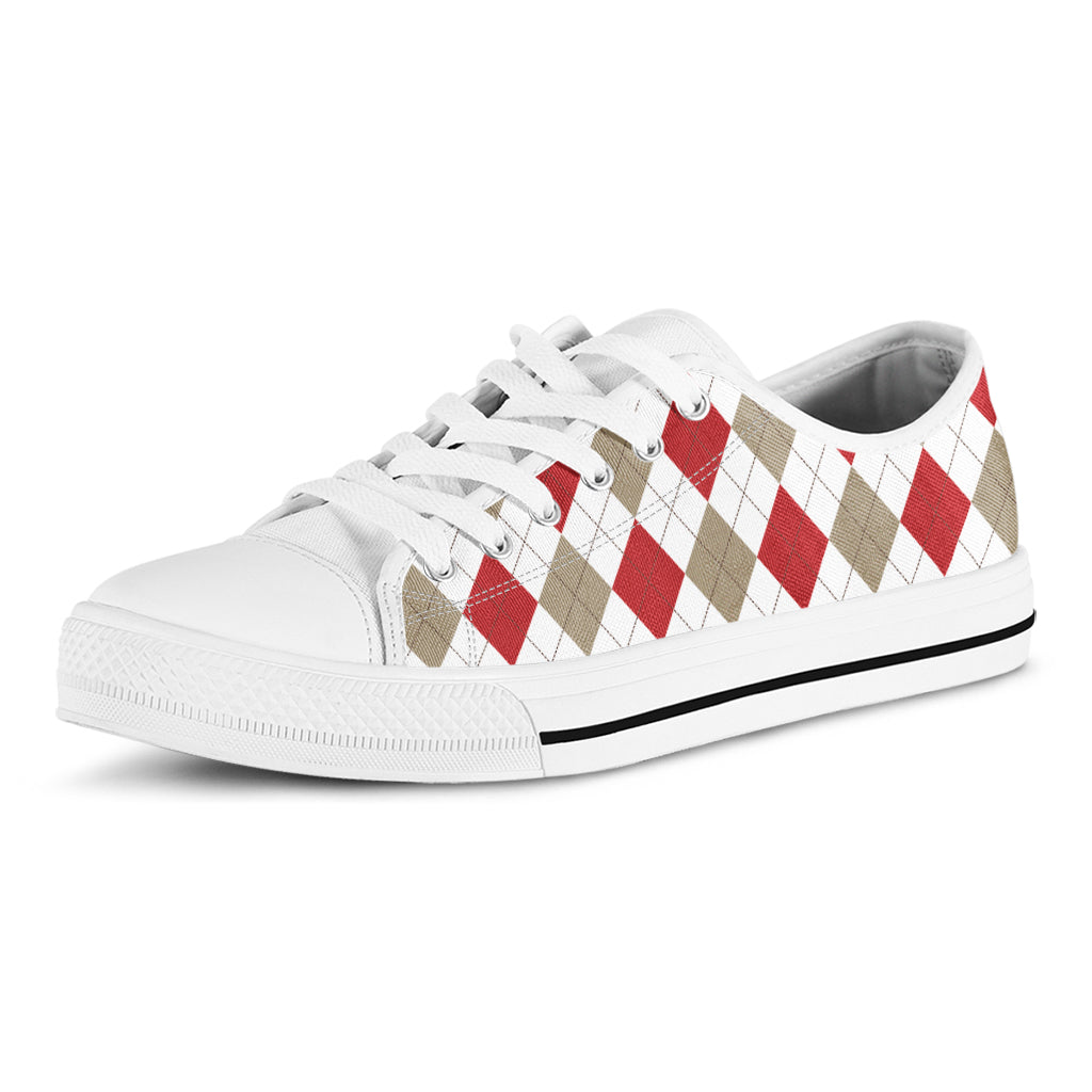 White Red And Beige Argyle Pattern Print White Low Top Shoes