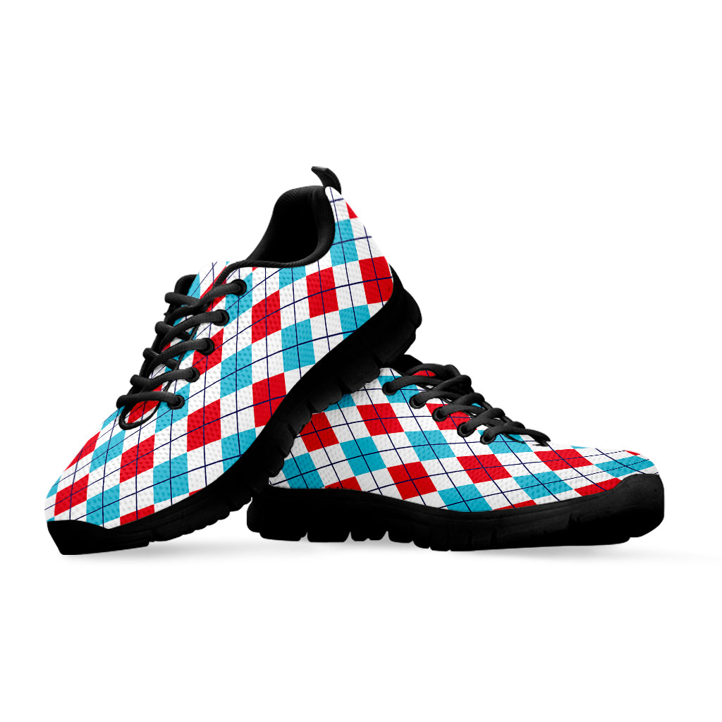 White Red And Blue Argyle Pattern Print Black Sneakers
