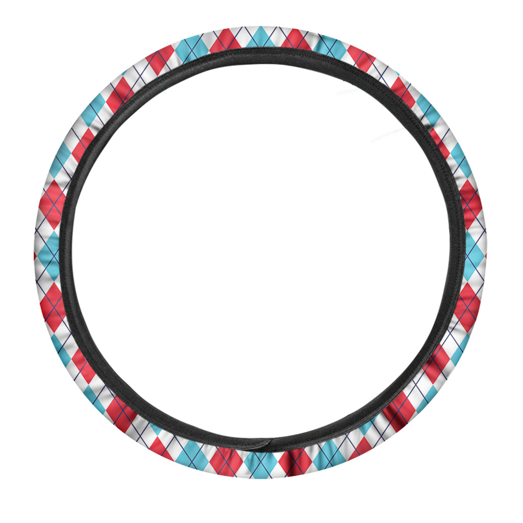 White Red And Blue Argyle Pattern Print Car Steering Wheel Cover
