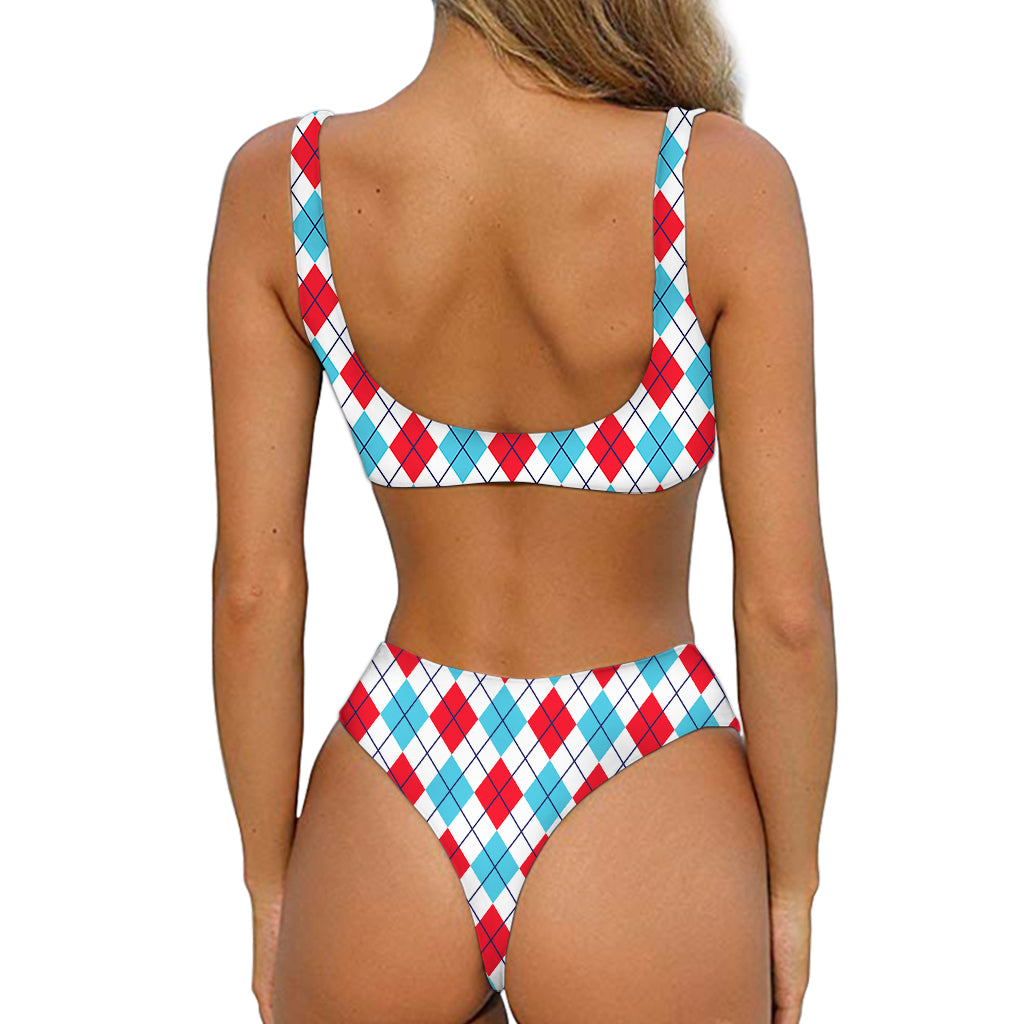 White Red And Blue Argyle Pattern Print Front Bow Tie Bikini