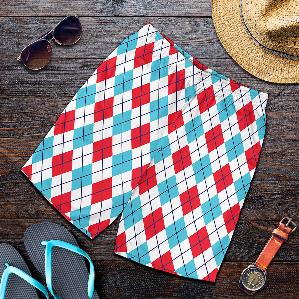 White Red And Blue Argyle Pattern Print Men's Shorts