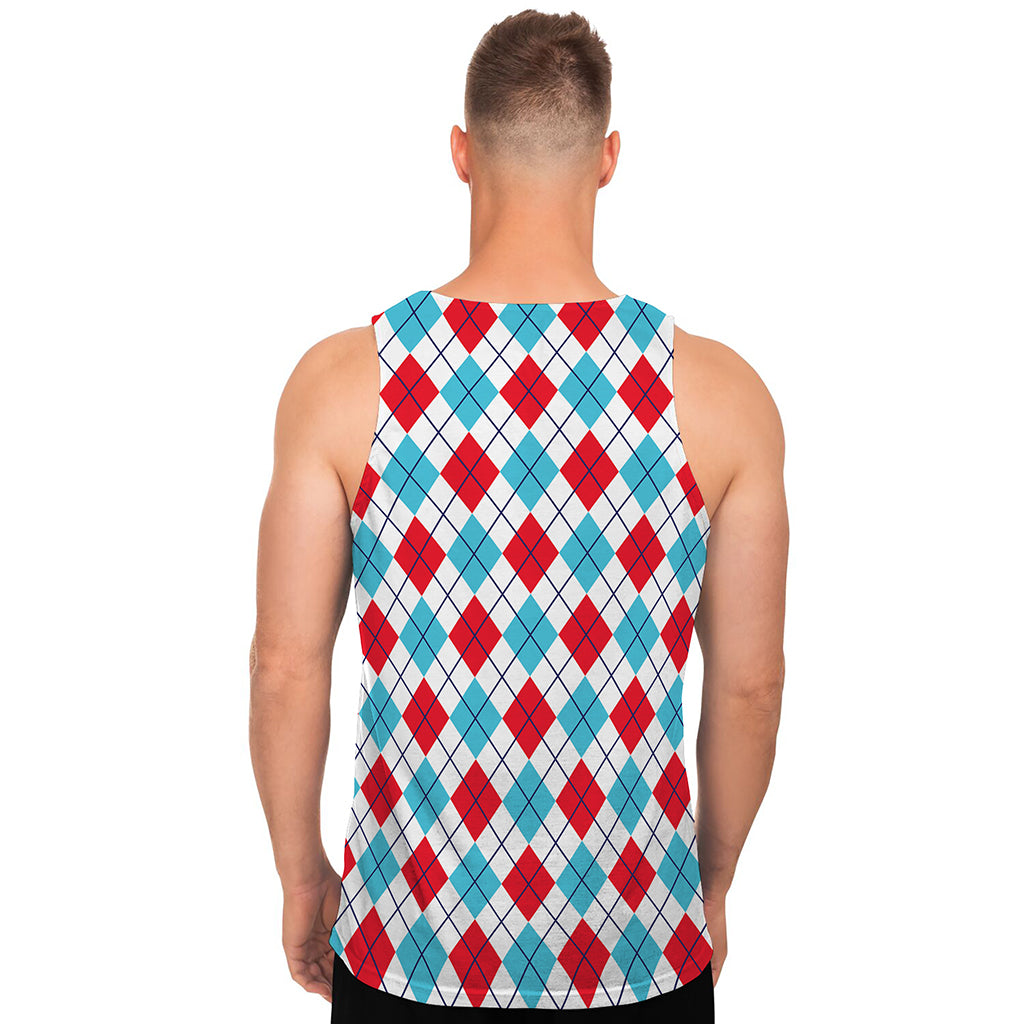 White Red And Blue Argyle Pattern Print Men's Tank Top