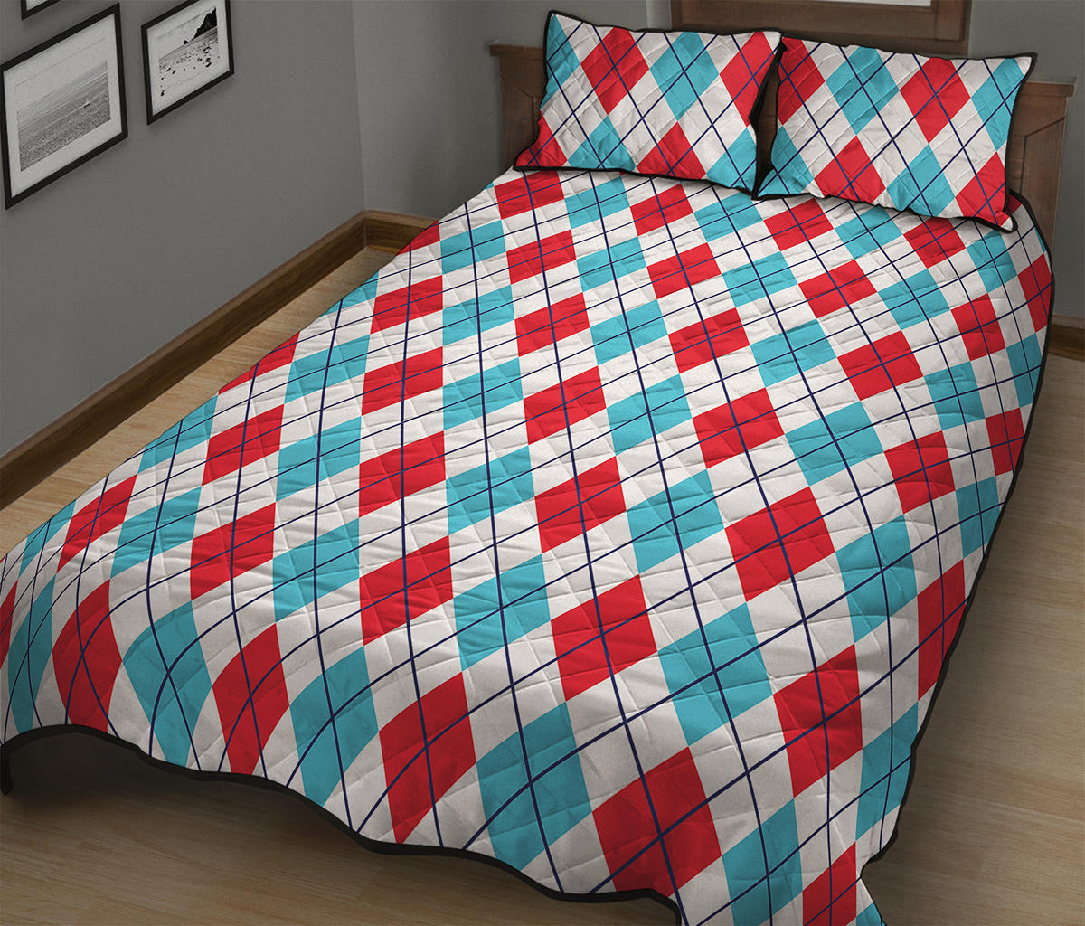 White Red And Blue Argyle Pattern Print Quilt Bed Set