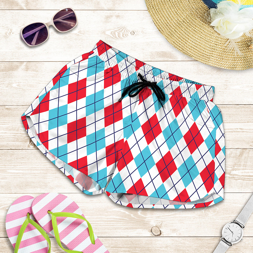White Red And Blue Argyle Pattern Print Women's Shorts