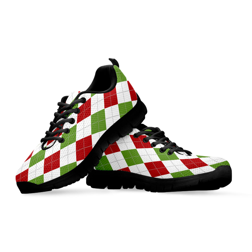White Red And Green Argyle Pattern Print Black Sneakers