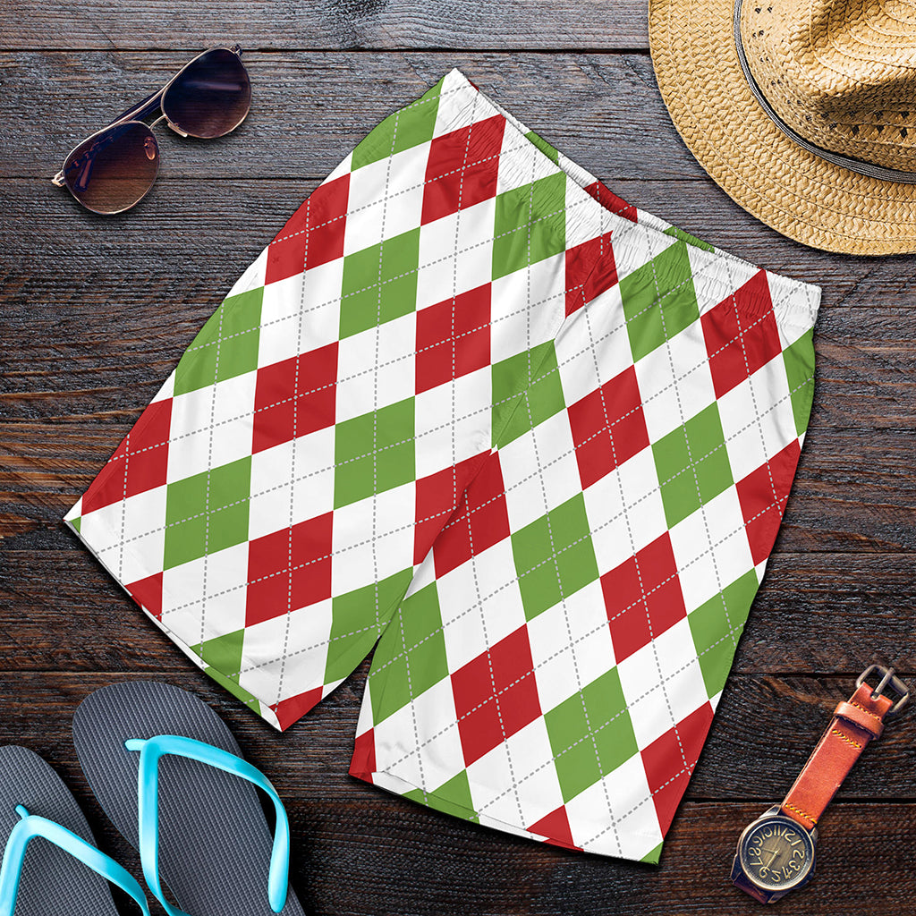 White Red And Green Argyle Pattern Print Men's Shorts