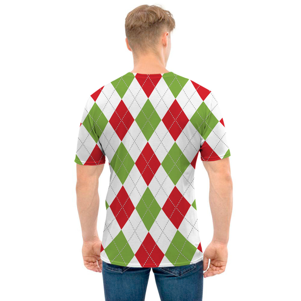 White Red And Green Argyle Pattern Print Men's T-Shirt