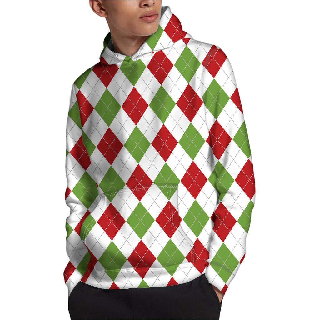 White Red And Green Argyle Pattern Print Pullover Hoodie