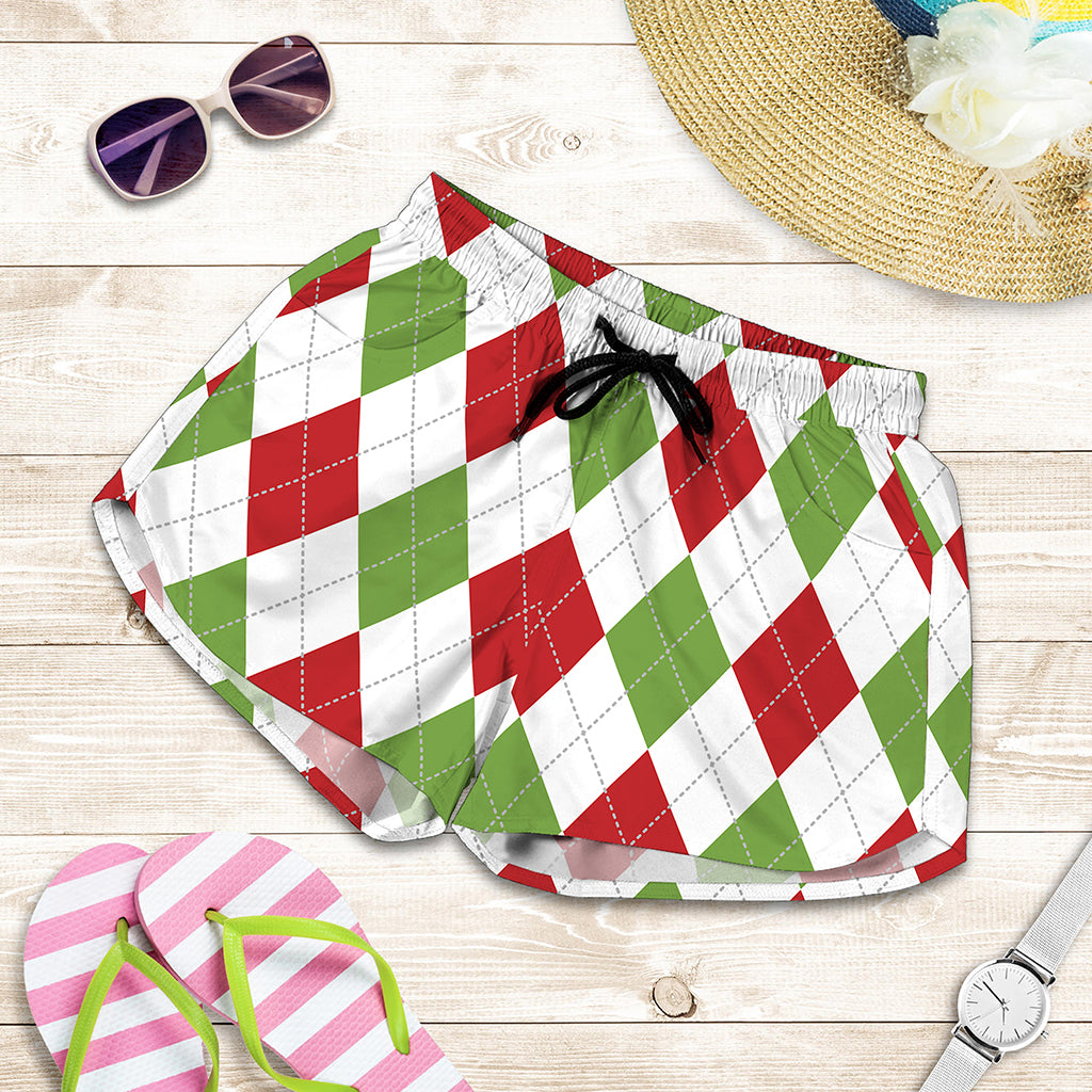 White Red And Green Argyle Pattern Print Women's Shorts