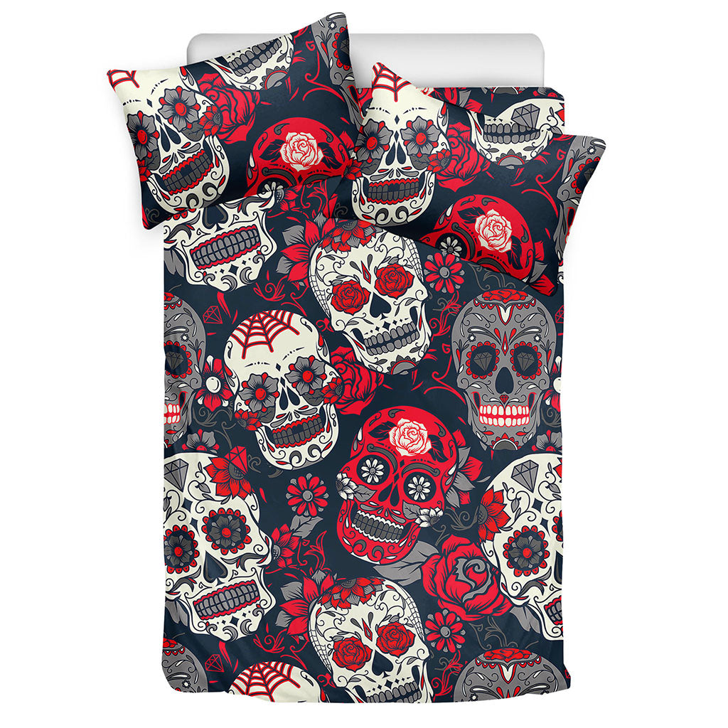 White Red Sugar Skull Pattern Print Duvet Cover Bedding Set