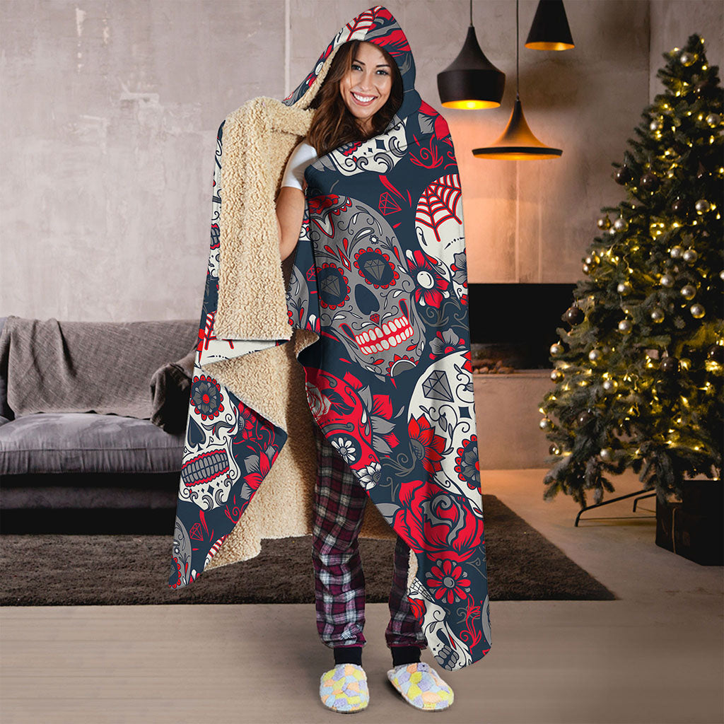 White Red Sugar Skull Pattern Print Hooded Blanket