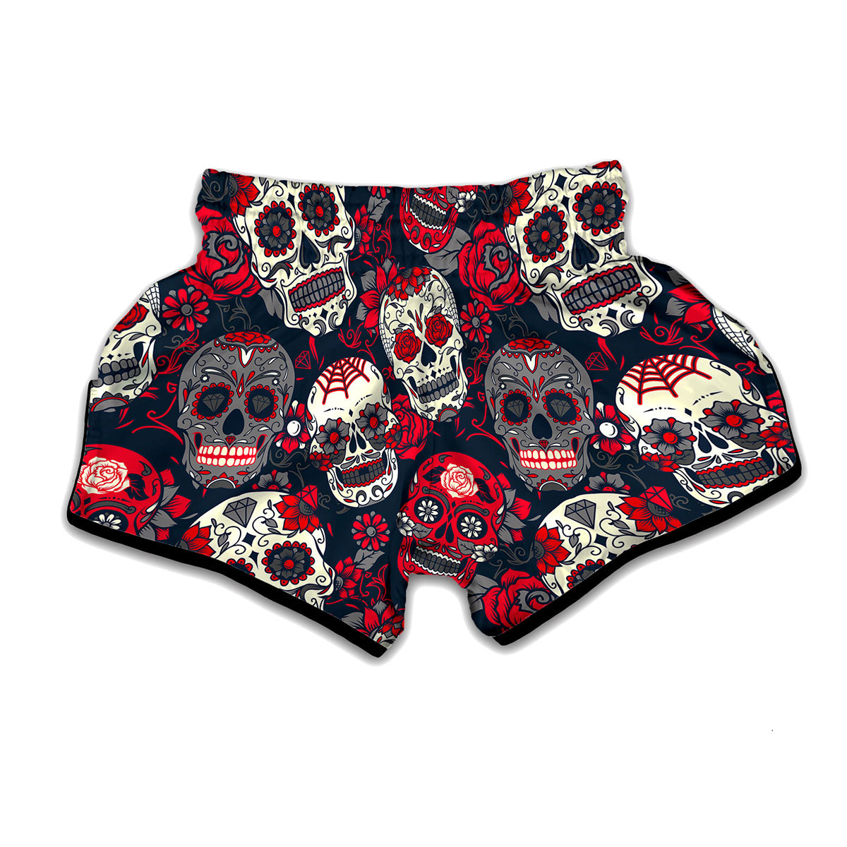 White Red Sugar Skull Pattern Print Muay Thai Boxing Shorts