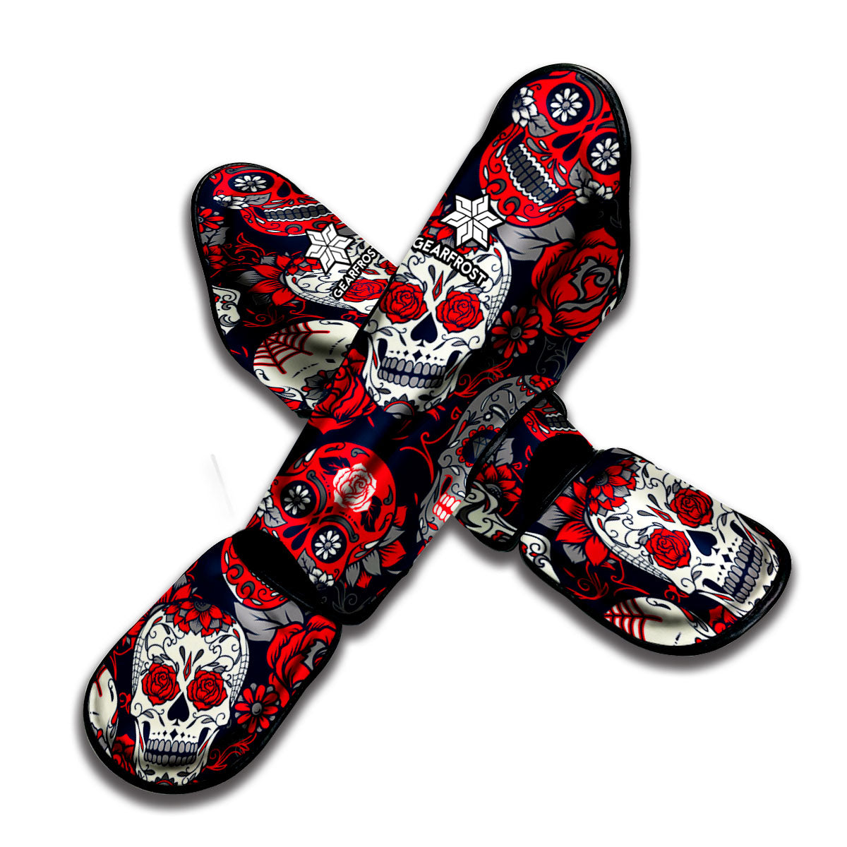 White Red Sugar Skull Pattern Print Muay Thai Shin Guard