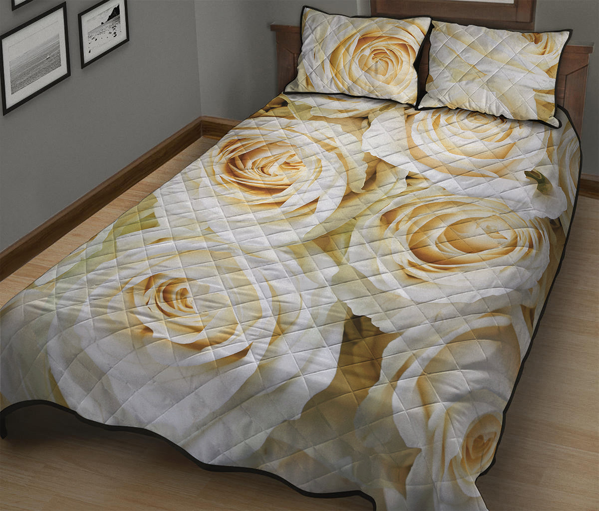 White Rose Print Quilt Bed Set