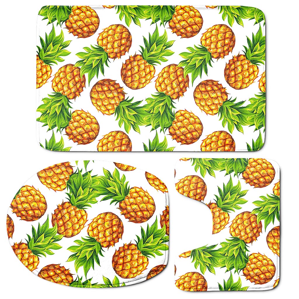 White Summer Pineapple Pattern Print 3 Piece Bath Mat Set