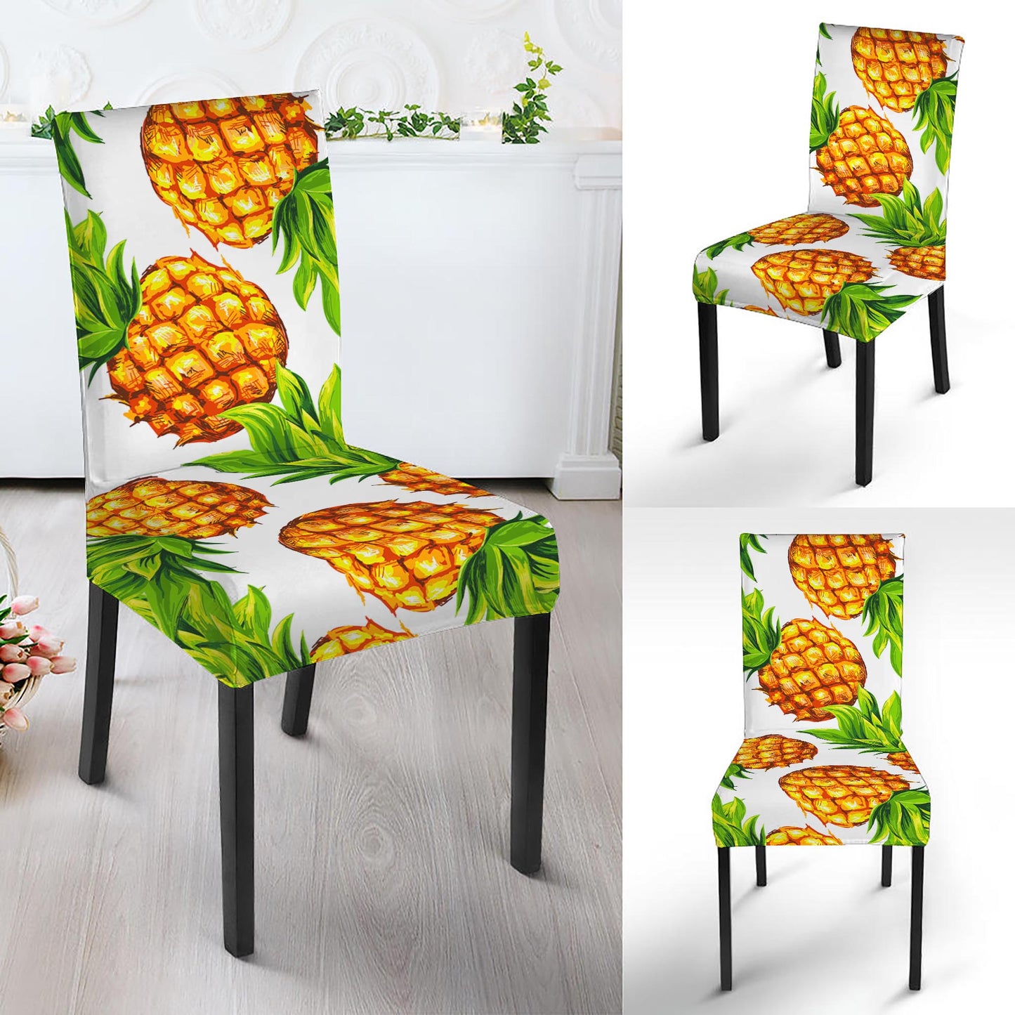White Summer Pineapple Pattern Print Dining Chair Slipcover