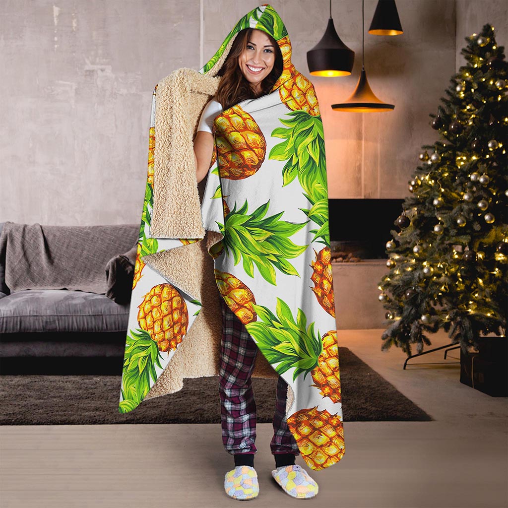 White Summer Pineapple Pattern Print Hooded Blanket