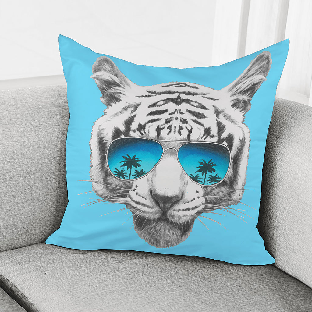 White Tiger With Sunglasses Print Pillow Cover