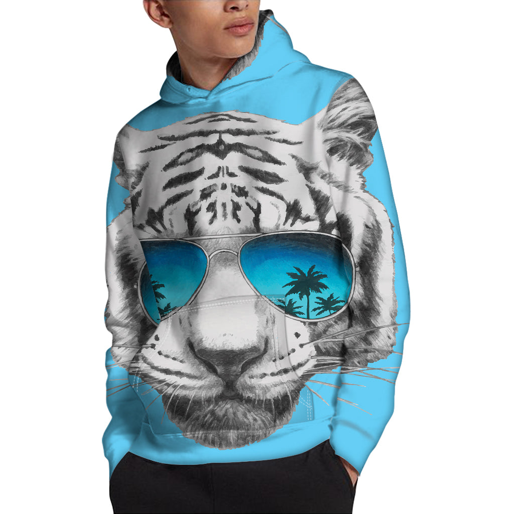 White Tiger With Sunglasses Print Pullover Hoodie