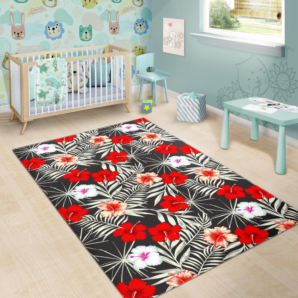 White Tropical Hibiscus Pattern Print Area Rug GearFrost